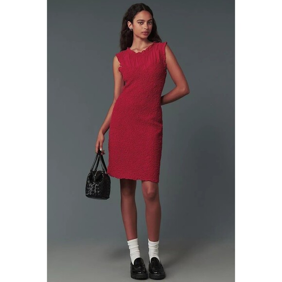 By Anthropologie Mock-Neck Textured Mini Dress Bodycon Ruffle Smocked XL 277652 - Picture 4 of 9